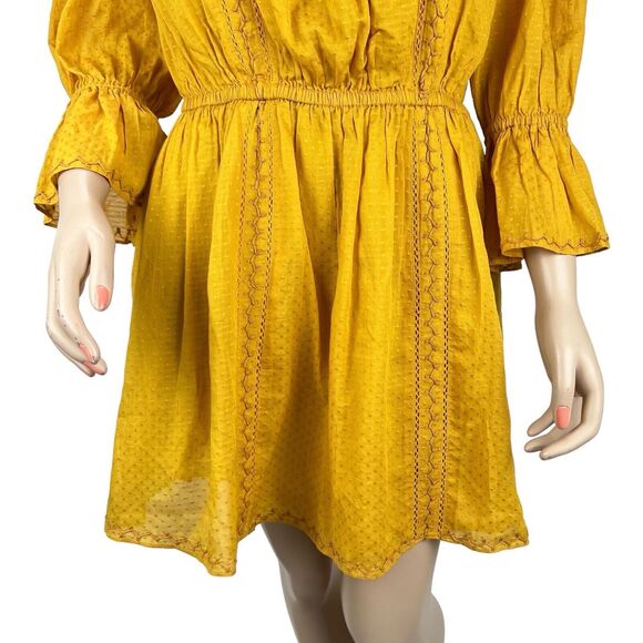 Tularosa Revolve Luna Off Shoulder Mini Dress LARGE Yellow Marigold Embroidered - Picture 7 of 10
